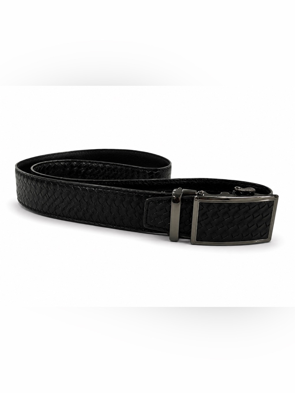 Men’s Black Woven Leather Ratchet Belt Gunmetal Buckle Adjustable Dress Casual